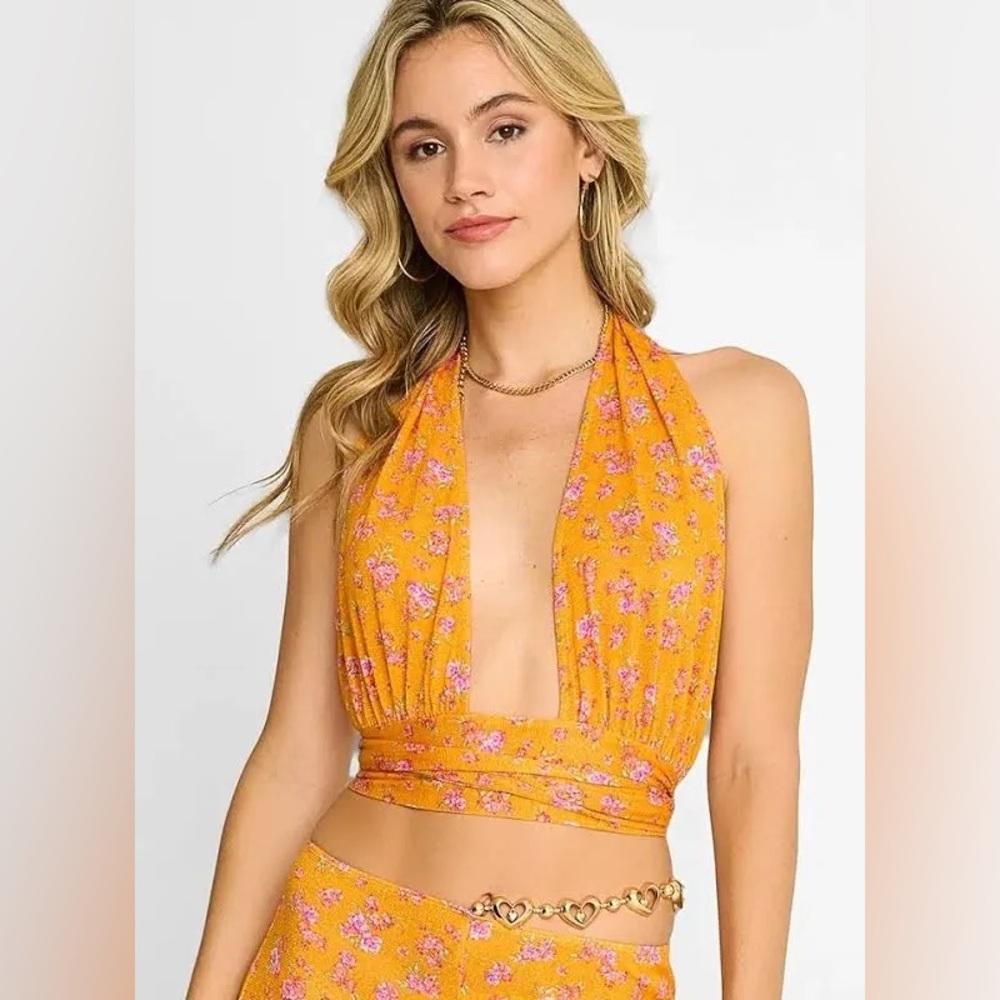New Beach Bunny Saddie Wrap Halter Top Floral Pink Orange Small Resort Wear